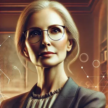 Retrato de una mujer madura con expresión inteligente y segura, usando gafas elegantes, en un ambiente profesional y sofisticado.
